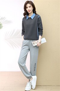拼接假两件卫衣女百搭新款女装韩版宽松长袖卫裤两件套图片