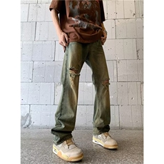 美式高街vibe风破洞牛仔裤男复古潮牌直筒做旧裤子男女NT1655-P42，男装牛仔裤，星座1008-1