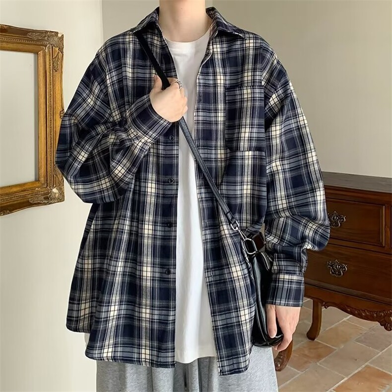 C237-P28春秋季衬衫长袖格子衬衫气质男女宽松格子衬衫日常衬衣,男装衬衫,电商B323A