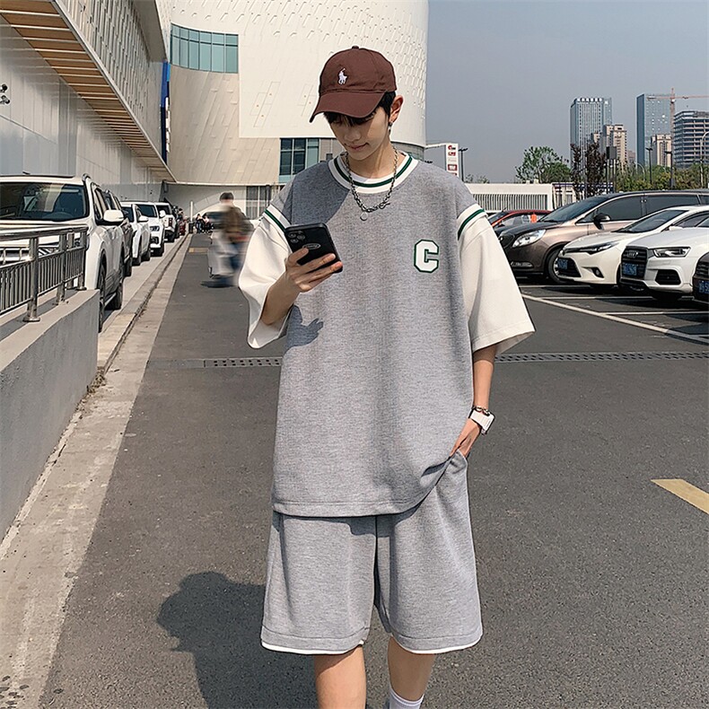 2025夏季华夫格套装男青少年T恤短裤两件套港风套装TZ2237-P55,男装牛仔裤,电商A062