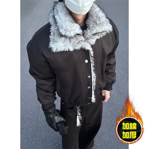 现货高品质美式高街重磅狼王座山雕毛毛领假两件棉衣加厚棉服外套图片