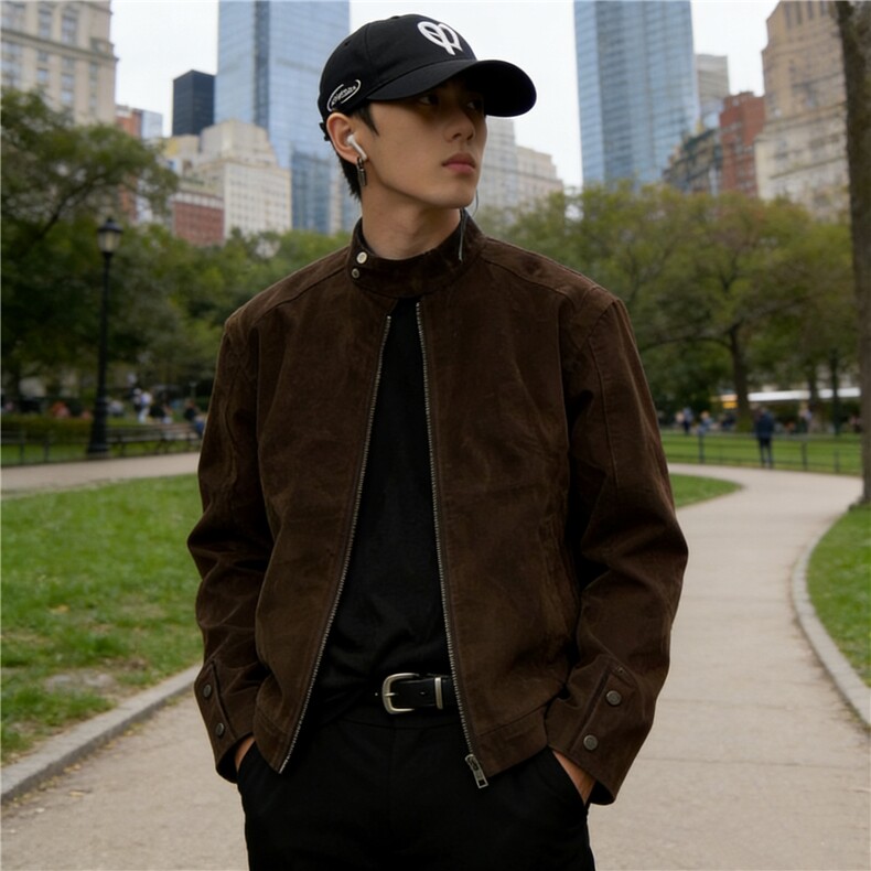 美式复古百搭新款棕色麂皮立领夹克双拉链春季短外套男女-Y312，男装夹克，星座601-1