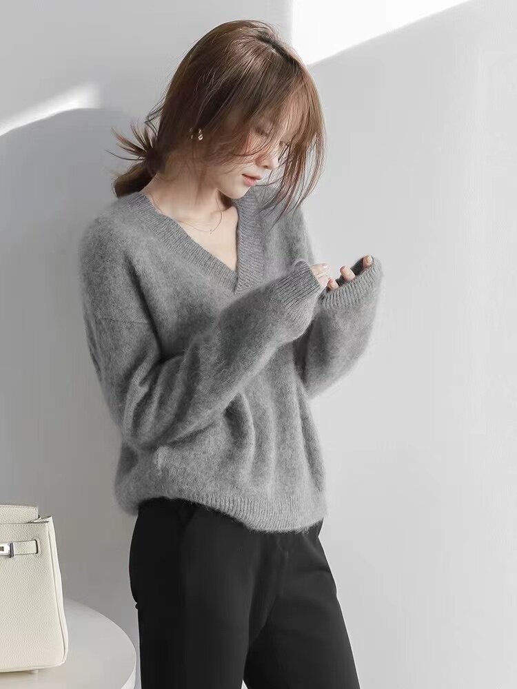 V领套头毛衣女宽松慵懒风超火cec针织衫,针织衫/毛衣,半城羊绒