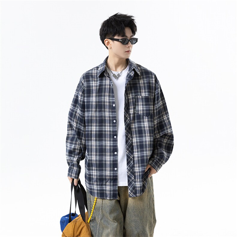 胖胖哥格子衬衫男秋季廓形大码宽松衬衣男生日系少年感休闲外套潮,男装防晒衣,电商B367