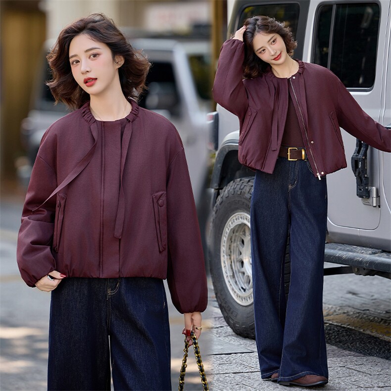 水衣源2798款纯色圆领飘带短款休闲宽松羽绒服女保暖外套,女装羽绒服,水衣源