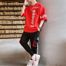 2023夏季短袖t恤男潮流帅气宽松半袖长裤套装男孩体恤F173P75，男装休闲套装，电商A086