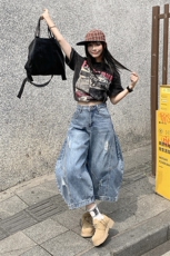 美式夏季刮烂破洞弯刀水洗牛仔裤男女宽松七分裤子潮流YD701-P65，男装牛仔裤，星座509