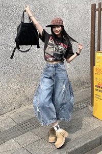 美式夏季刮烂破洞弯刀水洗牛仔裤男女宽松七分裤子潮流YD701-P65图片