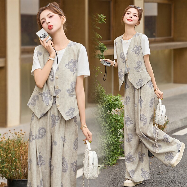 时尚印花马甲阔腿裤套装女2025夏季新款气质休闲短袖阔腿裤三件套,女装套装/套裙,依如秀(原杭风阁)