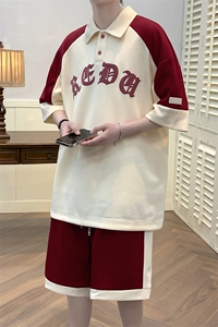 夏款学生撞色拼接半袖套装休闲翻领短裤T恤男女 7805-P75控价108图片