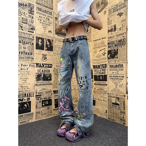 美式高街手绘涂鸦牛仔裤男款秋冬小众设计感裤子直筒修身微喇长裤图片
