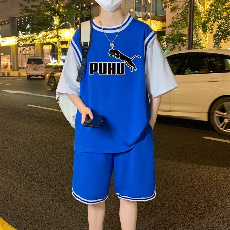 夏季短袖T恤套装青少年纯棉吸汗休闲两件套潮流男装TZ393P60控89,男装休闲套装,电商A086