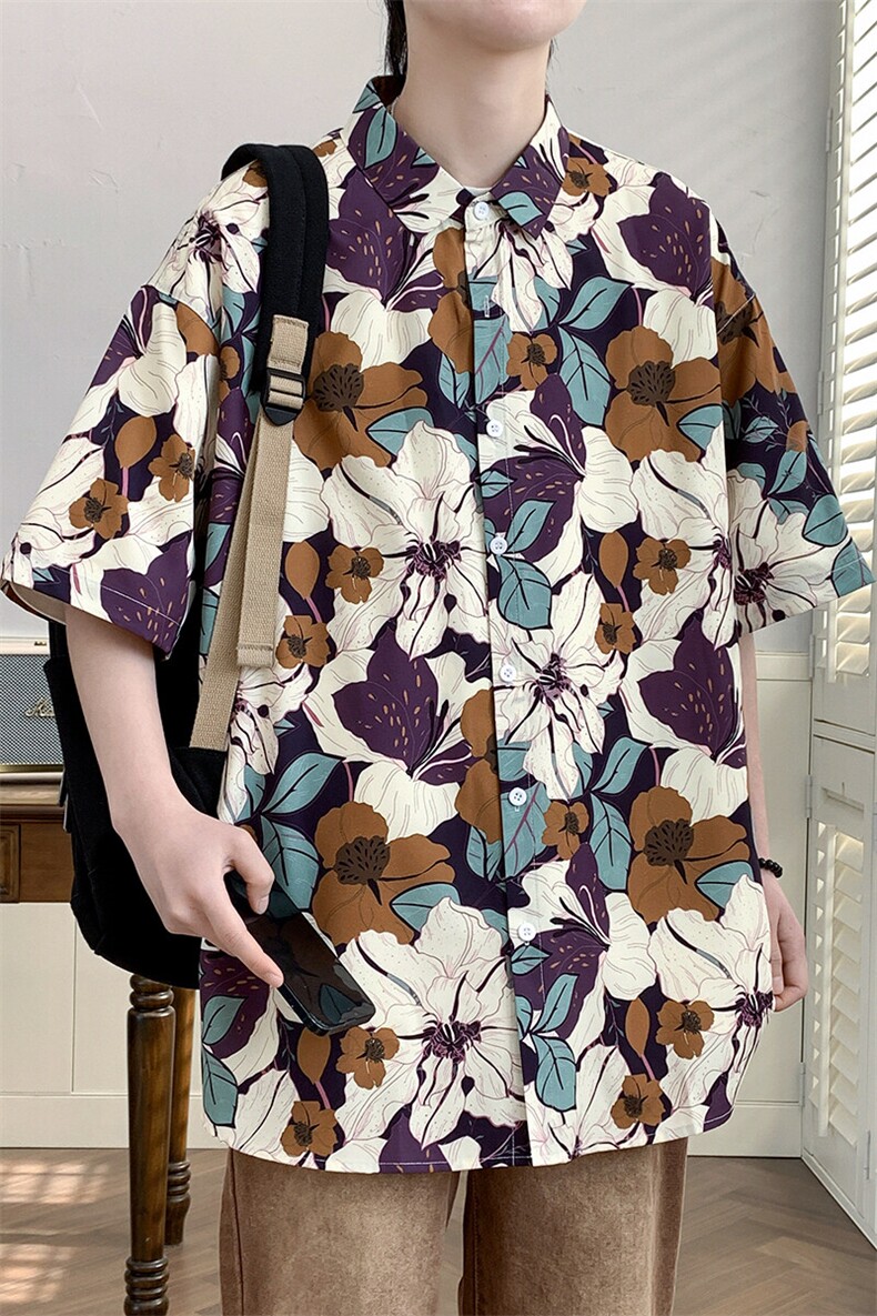 花衬衫男夏威夷短袖夏季痞帅休闲上衣外套翻领大码衬衣男A012P35,男装衬衫,电商A012
