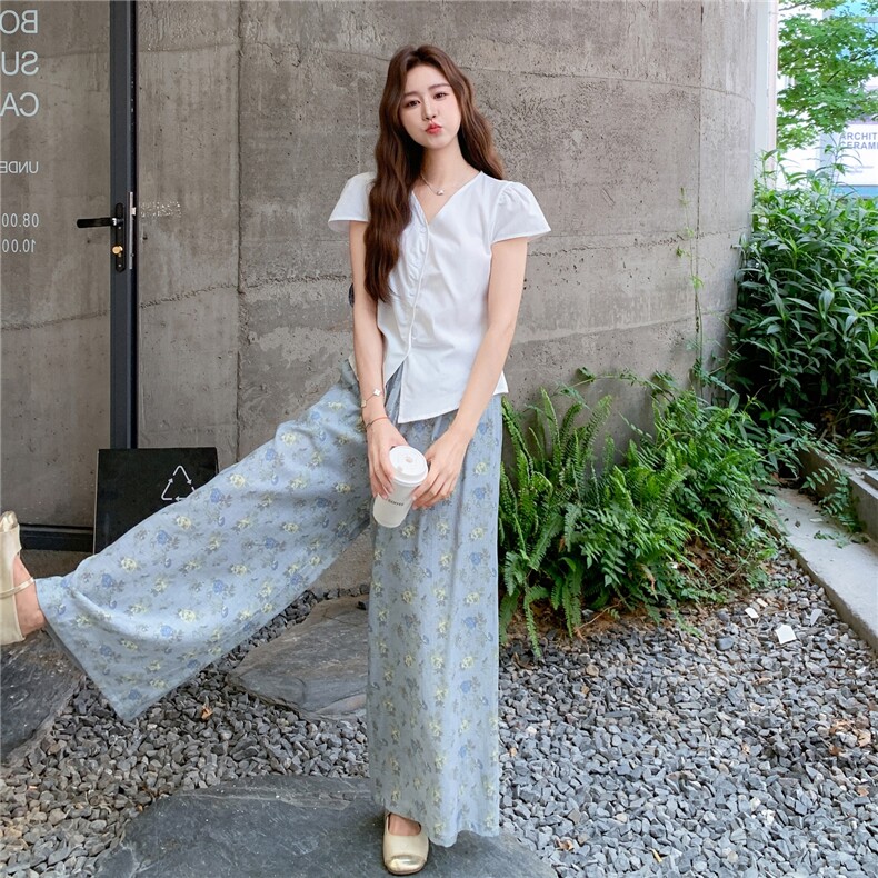 法式设计感上衣阔腿裤套装女2025年夏季新款显瘦度假风甜美两件套,女装套装/套裙,2C129
