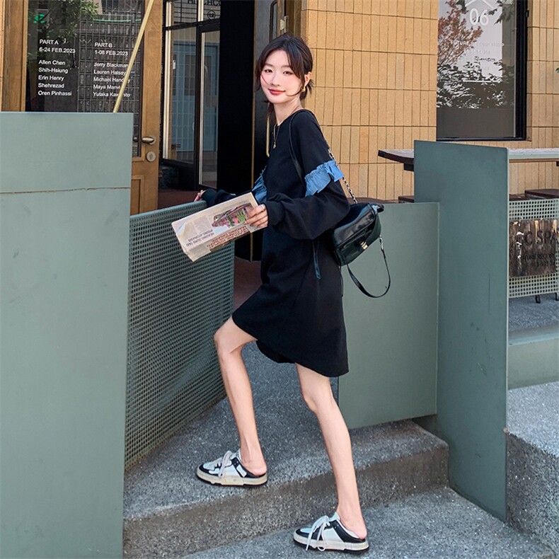 木耳边拼接长袖连衣裙女2024秋季新款设计感小众宽松显瘦卫衣裙潮,女装连衣裙,2C205