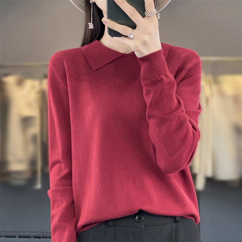 2024秋季新款韩版polo领长袖内搭打底衫女百搭修身短款针织衫,针织衫/毛衣,暖娇绒包芯纱店