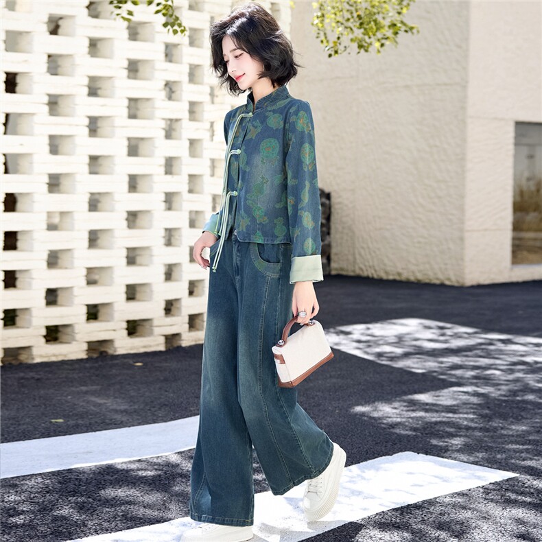 新中式复古盘扣牛仔套装女2025春秋新款印花改良唐装阔腿裤两件套,女装套装/套裙,欣品汇