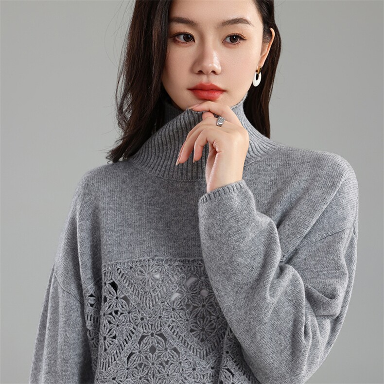 优雅女士高领镂空钩花衫纯时尚百搭温暖舒适秋季中国羊毛2025,女装羊毛衫,奢优羊绒