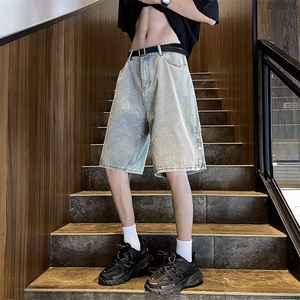 排扣开叉牛仔短裤男2024夏季新款复古潮牌宽松五分裤 K7029-P35图片