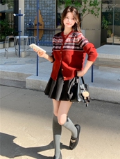 复古毛衣外套春秋新款洋气费尔岛提花针织开衫女宽松，女装针织衫/毛衣，水衣源