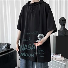 LD54187-P45NASA联名同款连帽短袖t恤男大码胖子带帽五分袖中袖，男装T恤，电商A040