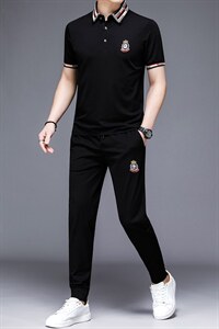 2023新款短袖长裤绣花两件套运动休闲翻领t恤套装轻奢潮流T夏装图片