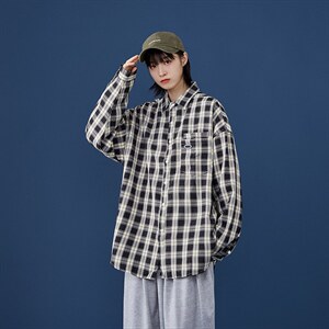 秋季新款帅气时尚男上衣青少年宽松休闲口袋装饰格子衬衫291-P25图片