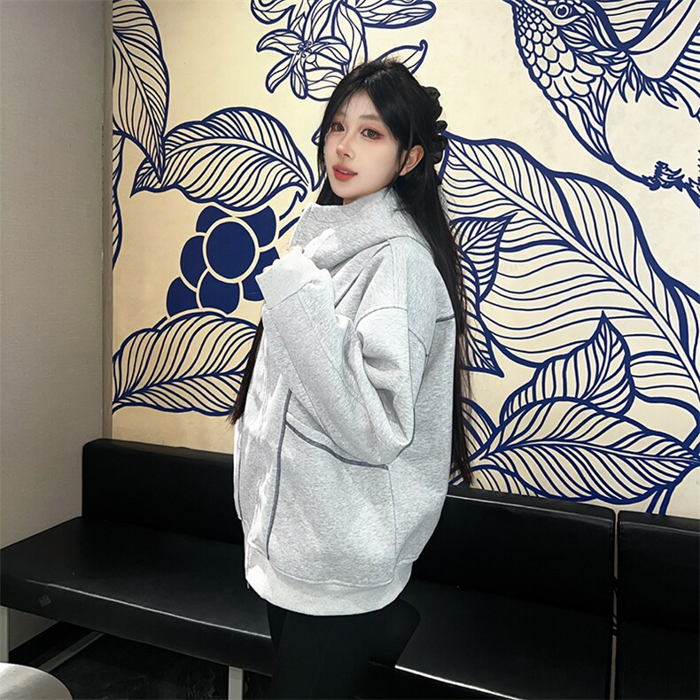抖音得物高品质秋冬美式高街重磅结构辑明线纹理连帽卫衣外套W111,女装短外套,电商A486-1