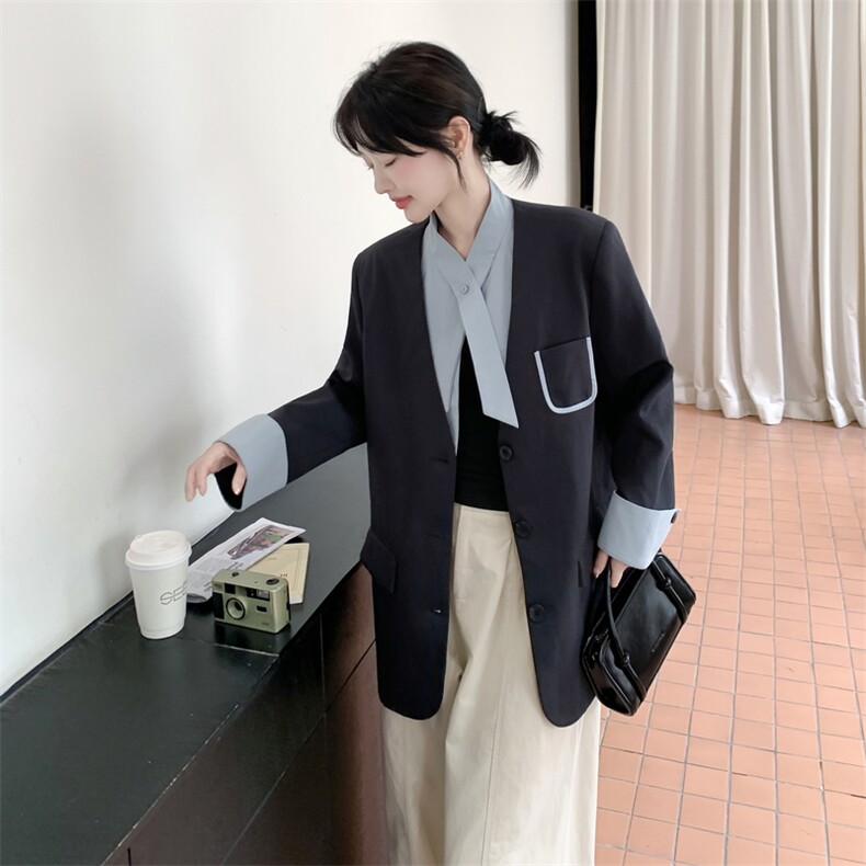 韩版韩系V领西服拼接单排扣西装学院风纽扣正装常规春秋气质长袖,女装西装,浙宝210（原浙宝191）