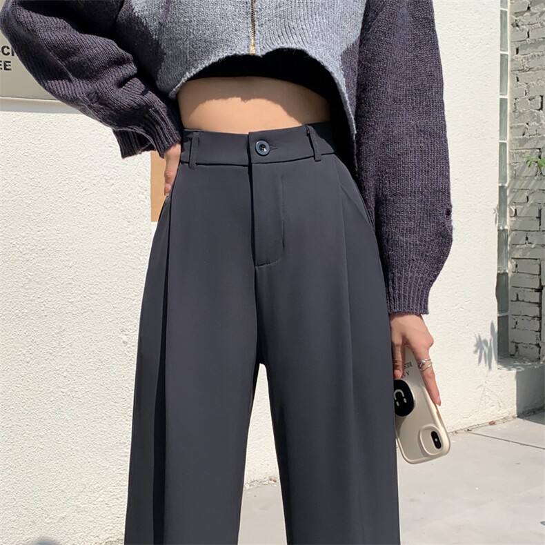 灰色高腰窄版阔腿裤女春秋垂感2023新款小个子直筒休闲西装裤,女装休闲裤,梦白服饰厂