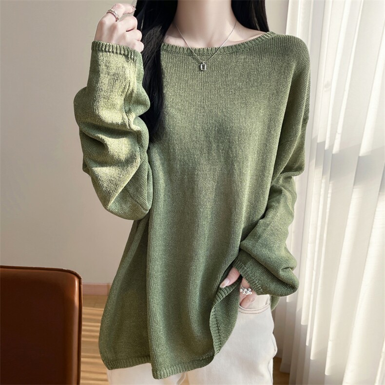 宽松简约百搭亚麻长袖T恤女2025夏微透松弛感显瘦罩衫纯色薄上衣，女装蕾丝衫/雪纺衫，东远绒业