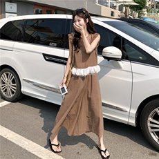 2025韩系甜美套装褶皱纯色无袖衬衫女夏季高腰休闲裤裙裤两件套，女装套装/套裙，维壹