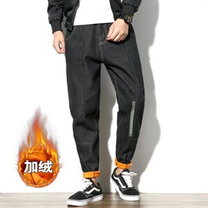 2019冬季新白墙风男日系线条加绒刺绣纯色牛仔裤大码K0981-P60图片
