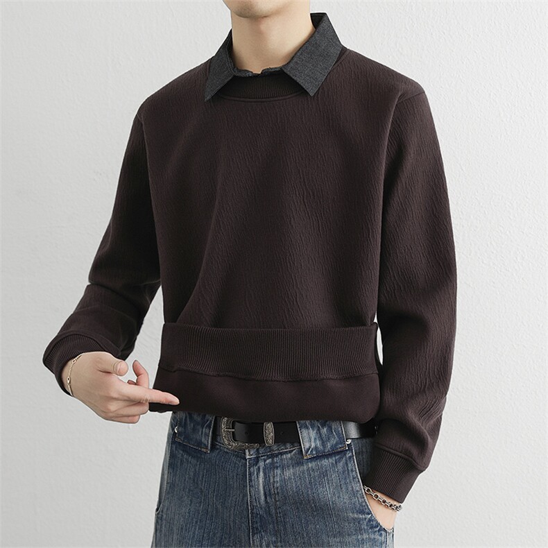 韩系宽松长袖衬衫领套头卫衣男秋季上衣潮流假两件内搭打底衫，男装T恤，星座914