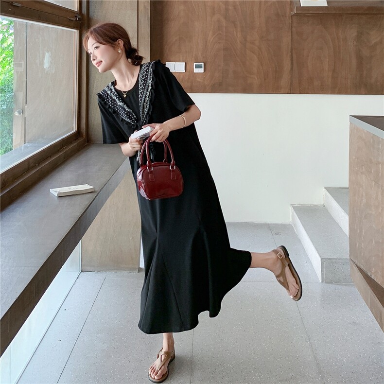 黑色韩版慵懒风松弛感印花披肩连衣裙女2025夏季新款时尚T恤长裙,女装连衣裙,2C057