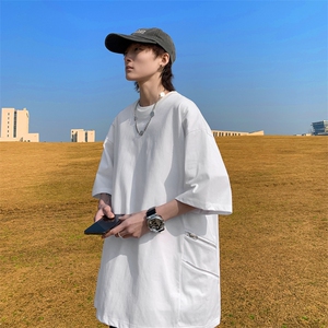 wassuphappy金属拉链短袖t恤男夏季薄款潮流美式五分袖休闲半袖,白色长款浅大衣搭配图片