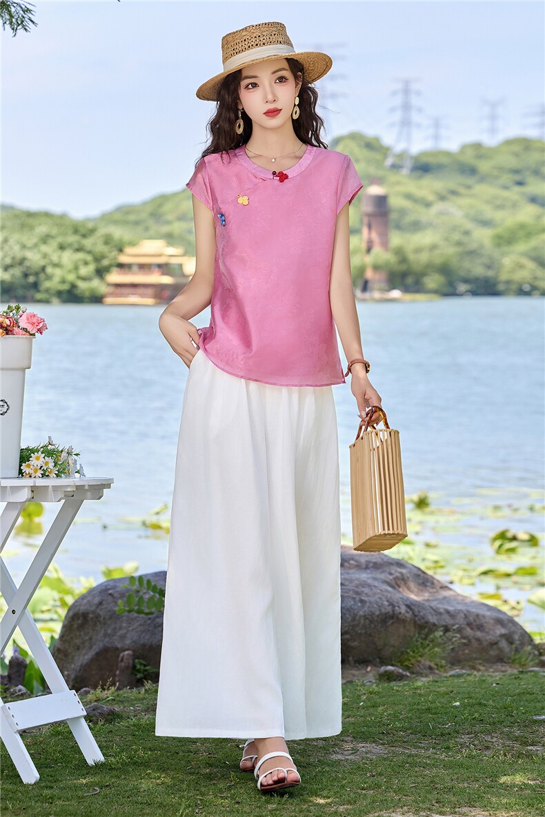 现货2026年夏季新中式上衣麻料阔腿裤子，可分开卖,女装套装/套裙,伊仟回