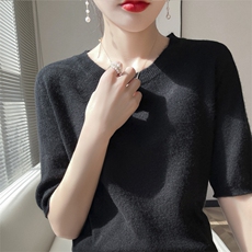 云朵般软糯!衫半袖女纯色宽松圆领短袖打底五分袖毛衣，女装T恤，轩妮羊绒