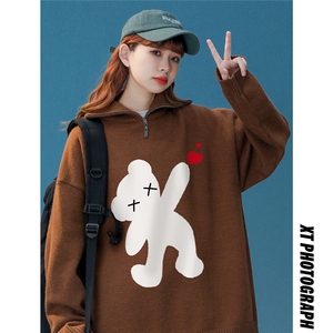 中性22秋冬趣味小熊印花半拉链百搭宽松情侣针织毛衣M329P65控88