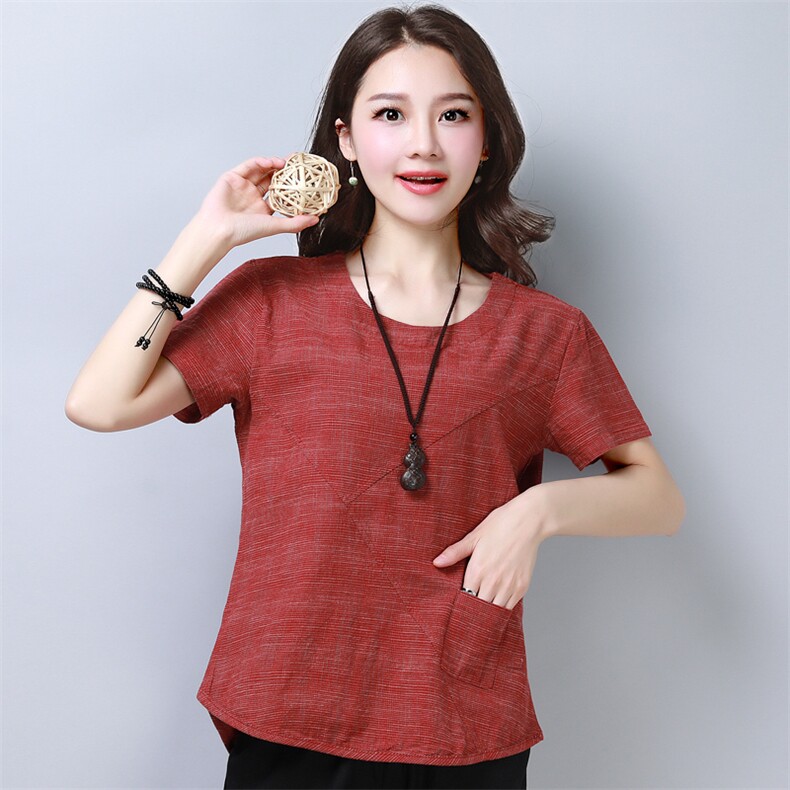 2022年夏季短袖宽松圆领拼接T恤简约清新舒适淑女潮流，女装T恤，涵誉
