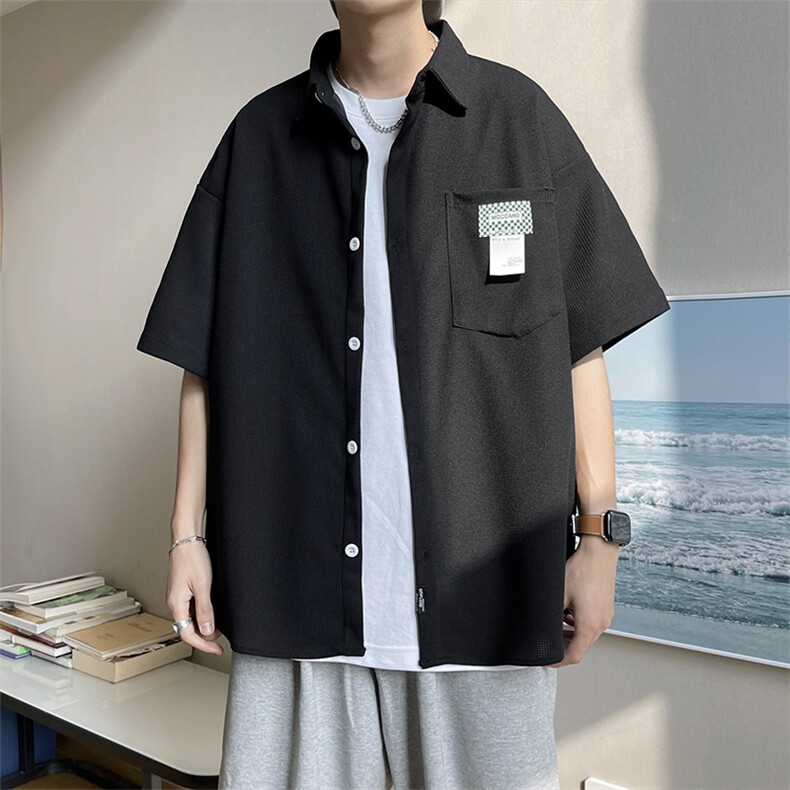 夏季港风bf潮牌百搭休闲外套华夫格宽松短袖口袋衬衫男 W3174-P32图片