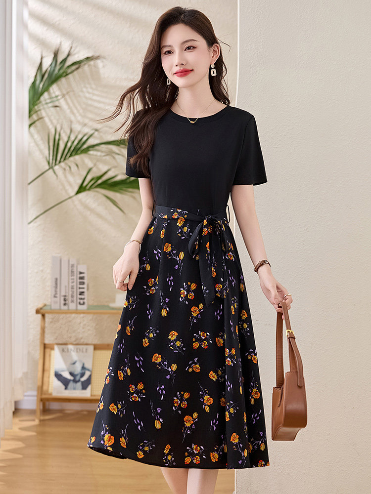 高级感印花拼接连衣裙女2025夏季新款收腰显瘦气质女神范减龄裙子,女装连衣裙,魅家