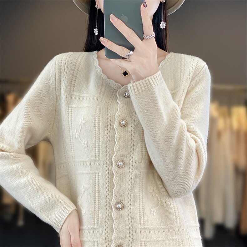 2025秋冬100%纯羊毛开衫女圆领绣花外搭毛衣百搭宽松针织外套新,女装羊毛衫,北娇羊绒