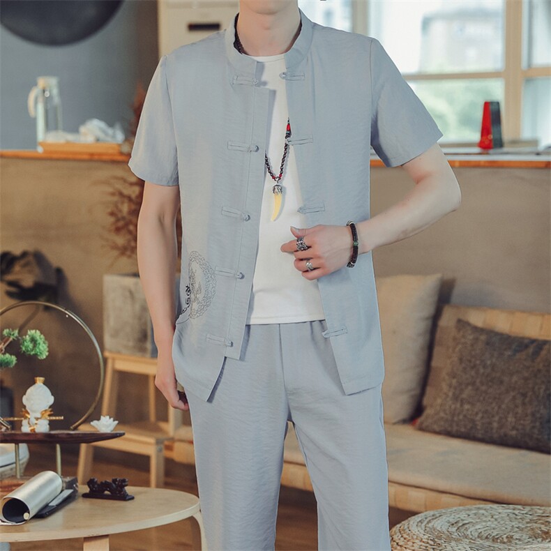 夏季套装男士两件套风复古唐装名族风T恤A334-TZ022-P65,男装民族服装,电商B339(原A334）