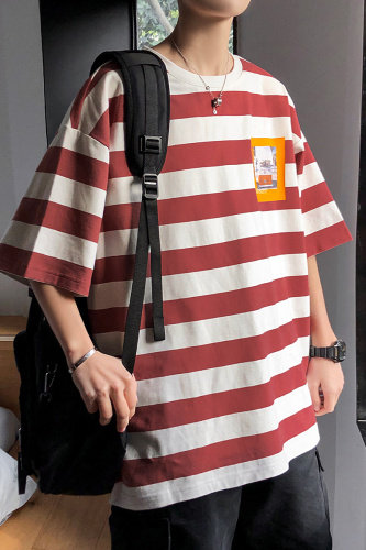 夏季新款港风条纹T恤宽松落肩T恤（现货）DS-A160-1-T288-P30,男装T恤,电商C323-1