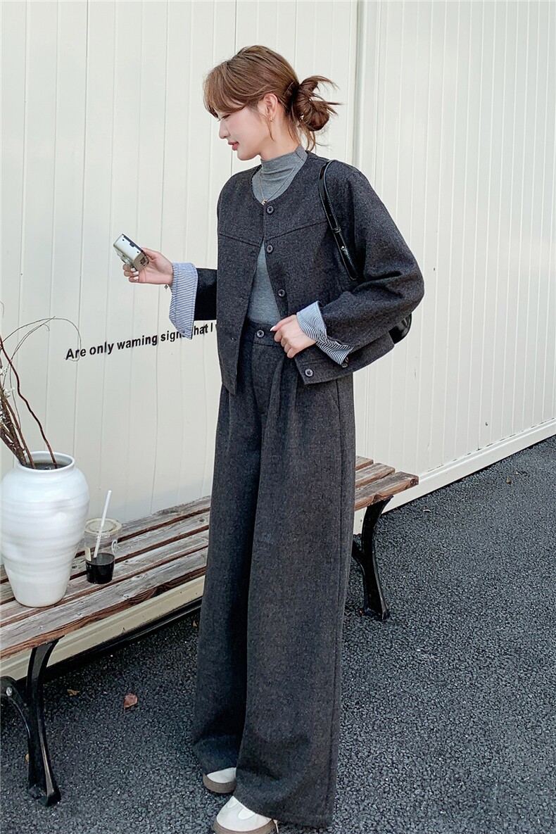复古条纹拼接牛仔外套阔腿裤两件套女2025年秋季新款时尚休闲套装,女装套装/套裙,2B142