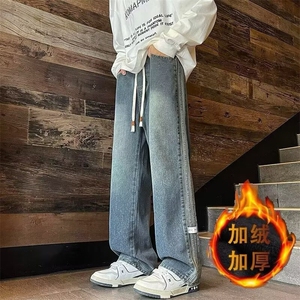 侧边条纹牛仔裤秋冬新款男港风穿搭加绒裤子直筒美式百搭休闲长裤图片