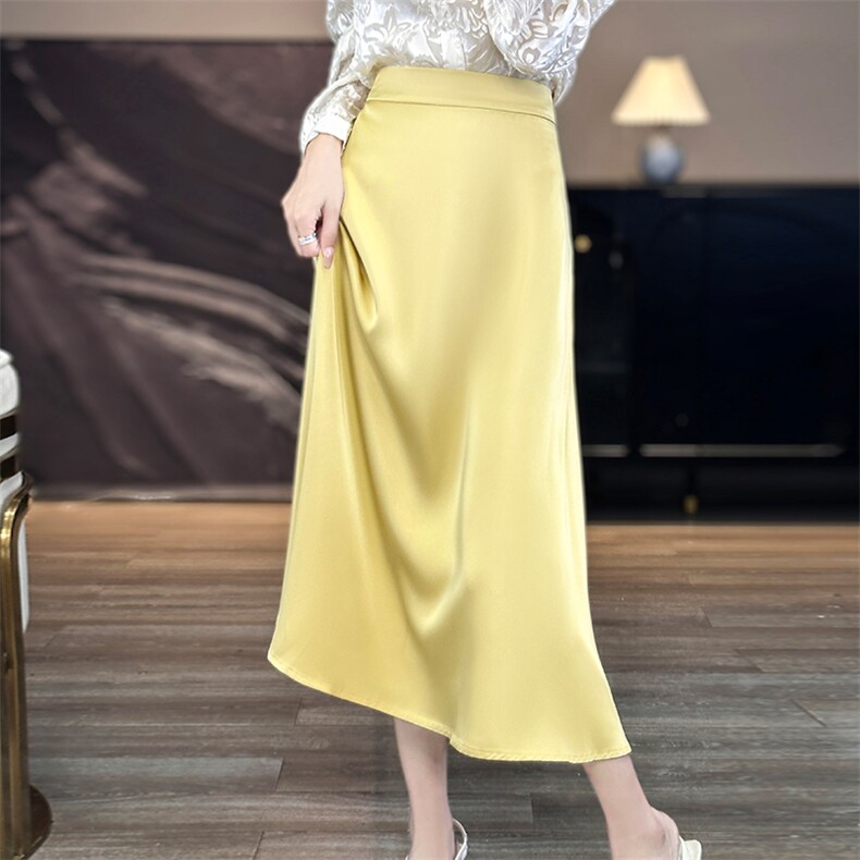 中长款醋酸缎面半身裙女2025年夏季新款小个子高腰显瘦真丝A字裙,女装半身裙,暖习羊绒