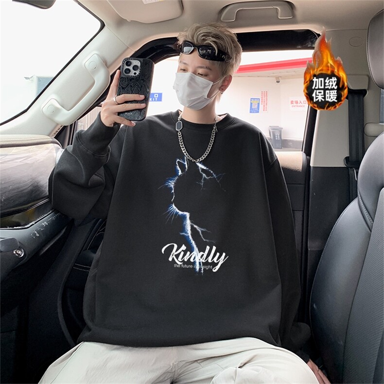 新款秋冬季重磅华棉加绒圆领猫咪侧影卫衣男美式猫猫印花卫衣男,男装卫衣,星座410-7