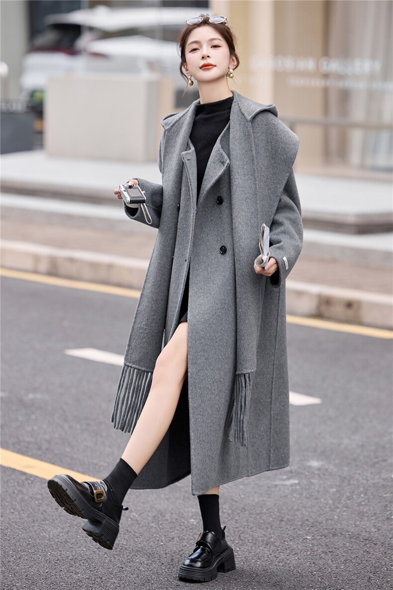 双面羊毛大衣女2025春秋气质围巾连帽小香风时尚毛呢外套两件套潮,女装双面呢大衣,琦鑫阁（原依鑫阁）